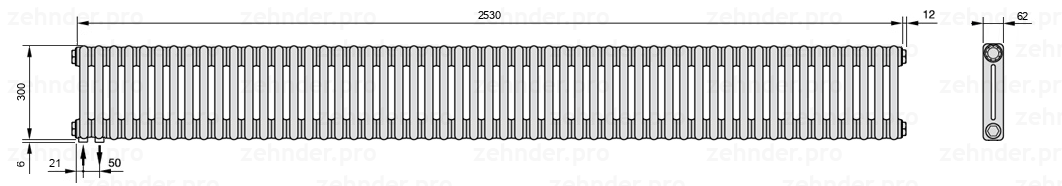 Схема (чертеж) Радиатор Zehnder Charleston 2030/55 №3370 Белый глянцевый RAL 9016
